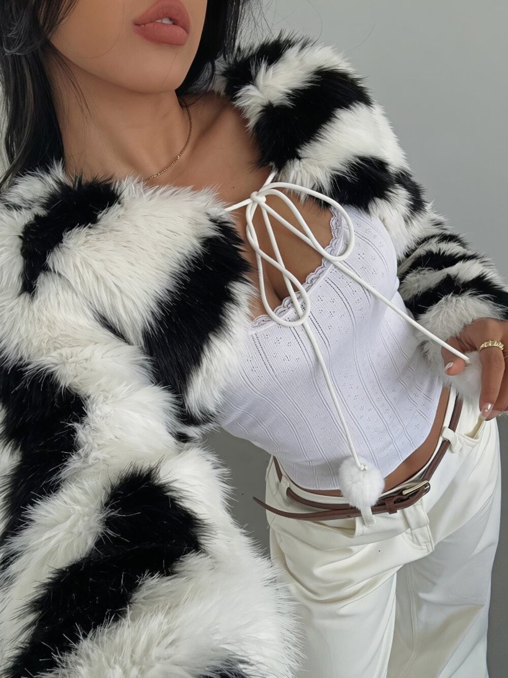 Black And White Party Women's Faux Fur Shawl Coat